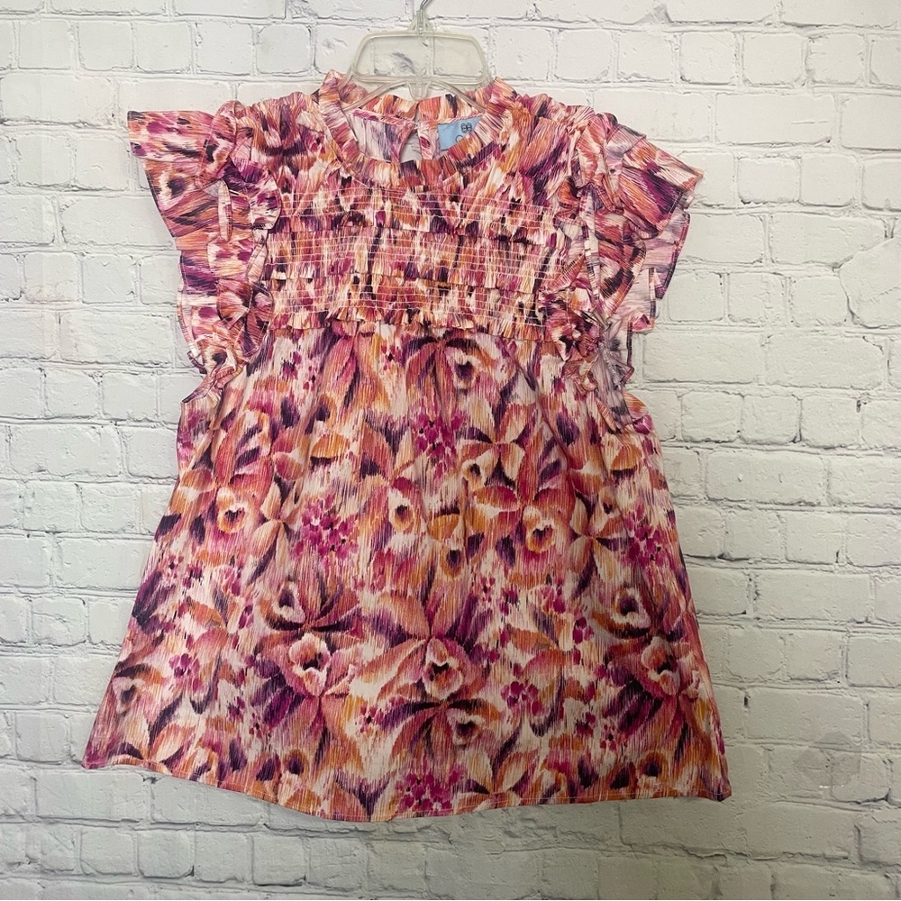 CeCe Floral Ruffle Sleeve Peplum Top Orange Pink Smocked Blouse Medium - Picture 2 of 7